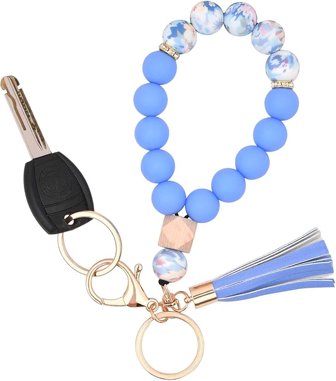 BAOSIWA Silicone Key Ring Bracelet Wristlet Keychain Unique Beaded Bangle Key Chains for Women with Leather Tassel