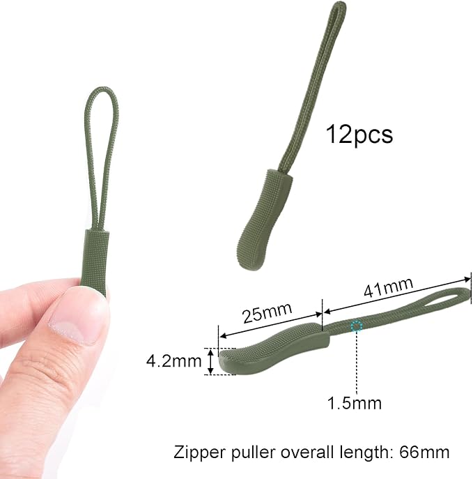CooBigo 12Pack Zipper Pull Replacement, Golf Bag Zipper Pull Replacement Tab for Backpack, Jackets, Pants, Boots, Coats, Luggage - ArmyGreen(Universal Extender), #11 ArmyGreen(12 PACK)