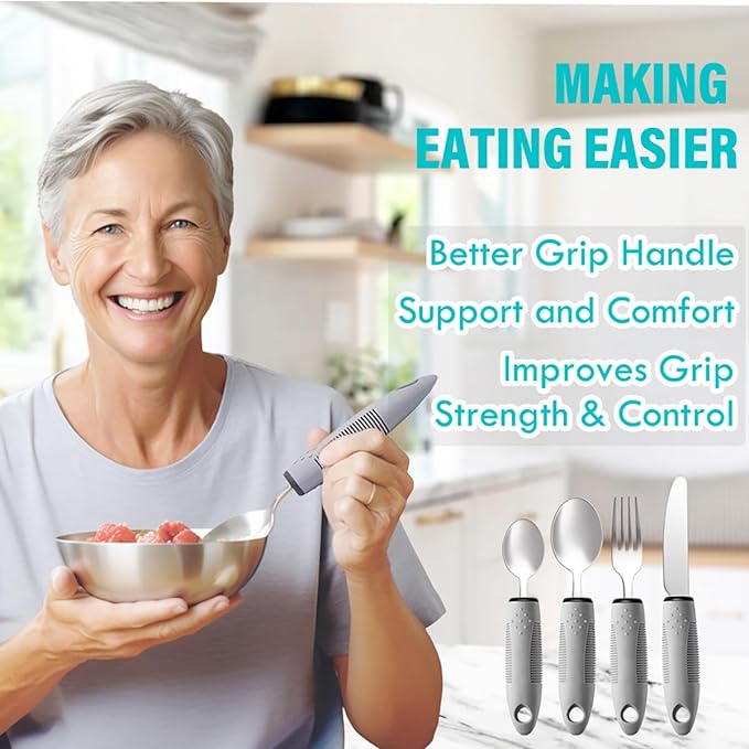 Adaptive Utensils 4pcs For Hand Tremors,Elderly, Arthritis,Parkinsons-Built Up Utensils For Adults 2.5oz Each, Silverware Set With Handle, Flatware Cutlery Set For Seniors