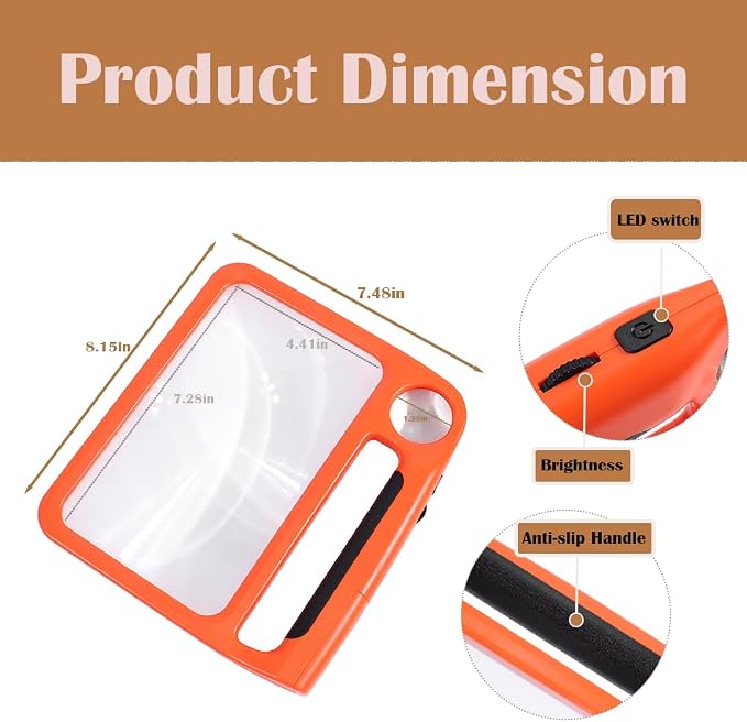 5X 10X Full Page Magnifying Glass for Reading, Rechargeable with 48 Adjustable LED Lights & 3 Light Modes, Comfort-Grip & Lightweight Handheld Magnifier for Seniors, Reading Aid, Low Vision(Orange)