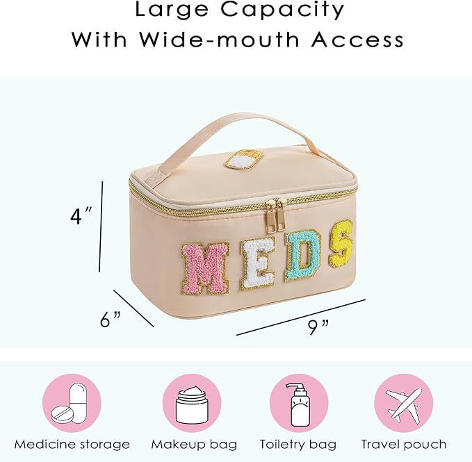 uekeboag Personalized Chenille Letter MEDS Makeup Bag, Portable Nylon Cosmetic Toiletry Storage bag with Top Handle, Transparent Meds Travel Organizer Cosmetic Bag(16Beige)