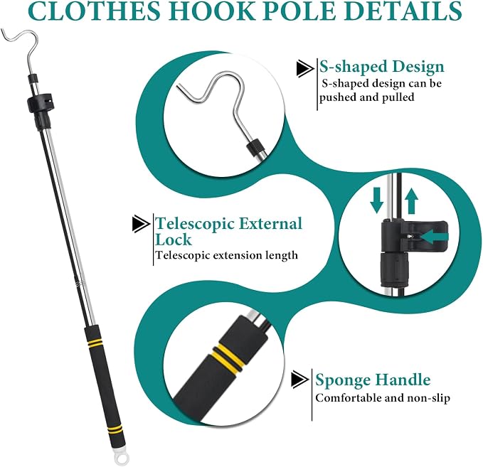 Clothes Hanger Reaching Hook Telescopic Adjustment clothes hook pole Light and can Extend from 37" to 65" with 4.7 "Hook and Sponge Handle.