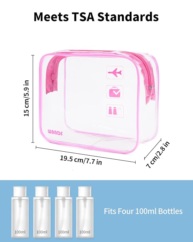 WANDF TSA Approved Toiletry Bag, 2 Pack Clear Makeup Bag | Quart Size, Airport Carry-On, TSA Liquids Travel Bag, Clear PVC, Women Men Travel Essentials