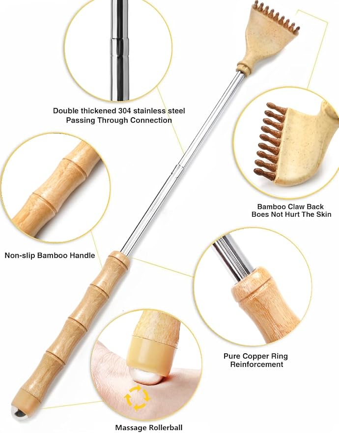 Back Scratcher Telescoping, Portable Extendable Bamboo Backscratcher for Men for Women with Beautiful Gift Packaging, Body Scratcher for Adults（Roll Ball）