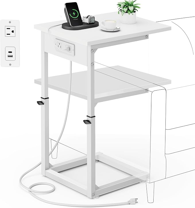 C Shaped End Table with Charging Station, C Table End Table Adjustable Height Sofa Table, Side Table for Couch, Couch Table that Slide Under, TV Tray Arm Table for Living Room,Bedroom, White