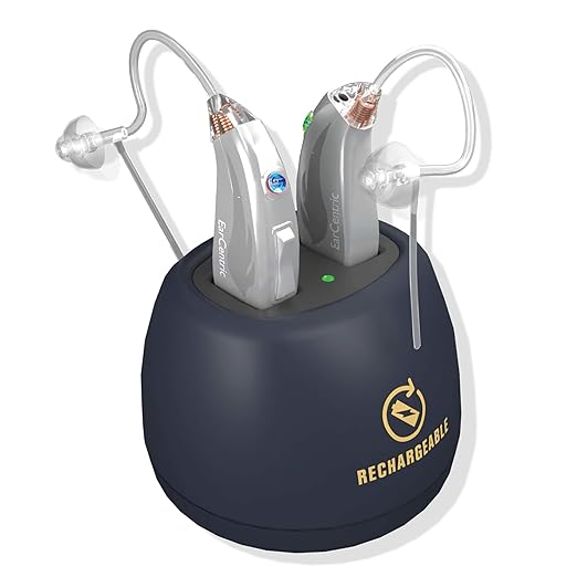 [Silver] EarCentric EasyCharge Rechargeable Hearing Aids (Pair) for Seniors, Behind-The-Ear BTE Ear Aid PSAP digital Personal sound amplification products devices with Noise Cancellation