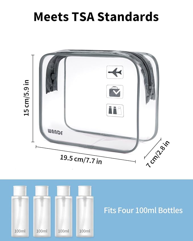 WANDF TSA Approved Toiletry Bag, 2 Pack Clear Makeup Bag | Quart Size, Airport Carry-On, TSA Liquids Travel Bag, Clear PVC, Women Men Travel Essentials