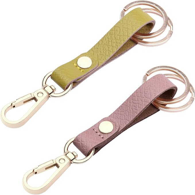 Wisdompro 2 Pcs Genuine Leather Belt Loop Keychain for Men and Women | Heavy Duty Key Chain Holder with Retro Vintage Bronze Belt Loop Clip and 2 Keyrings for Keys, Car Fob
