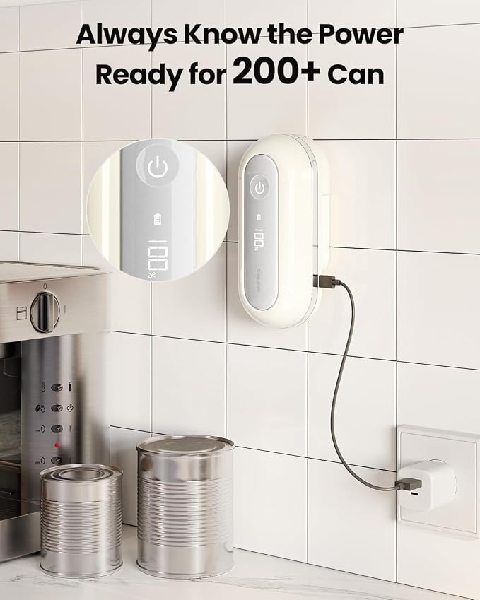 Canslab Retro Rechargeable LED Battery Track Electric Can Opener Auto Stop | True One-Touch, Wall-Mountable Small Size, Side Cut Smooth Edge, Rechargeable, for Seniors with Arthritis, White