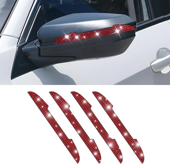4PCS Bling Car Door Handle Scratch Protector, Red | 5.75x0.39 Inch, Universal fit, side panels/mirror edges, stainless steel, rhinestones, adhesive backing, exterior accessories