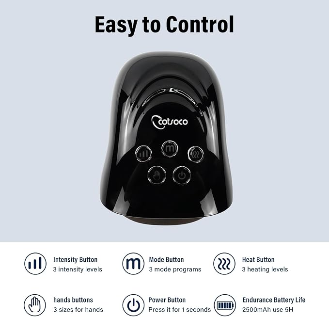 cotsoco Hand Massager - 3Massage Sizes, Cordless Hand Massager with Heat & Compression for Arthritis and Carpal Tunnel, Gift for Men Women Family Friends, Relaxation at Home, Office, Outdoors, Black