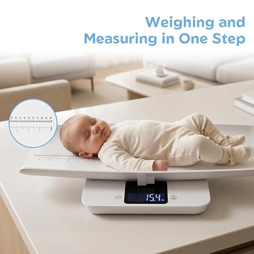 MomMed Baby Scale with Height Measuring Tape - Digital Smart Scale for Infant Weight with Hold & Lock Function, Auto Shut-Off, LED Display - Multi-Function Scale for Newborns, Adults, Cats, Dogs