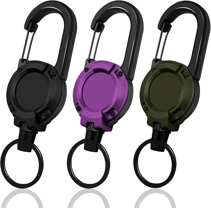 Retractable Keychain 3 Pack, Heavy Duty ID Badge Holder Reel, Multitool Carabine Key Holder for Keychain, Badge Holder with 25.6" Steel Retractable Cord Key Ring Clip, 8.8 oz (Black+Dark Green+Purple)