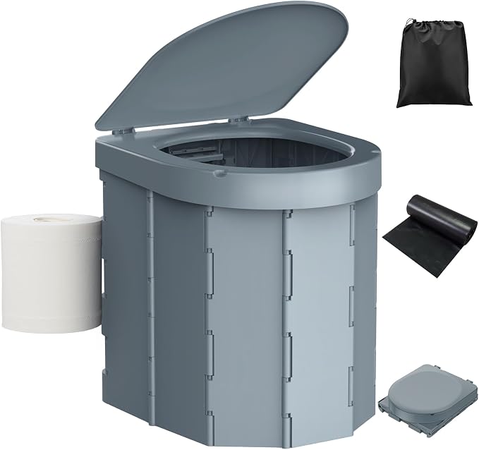Portable Camping Toilet, Folding Toilet for Adults with Lid and Retractable Toilet Paper Holder, Waterproof Porta Potty with Carry Bag and Disposible Liners