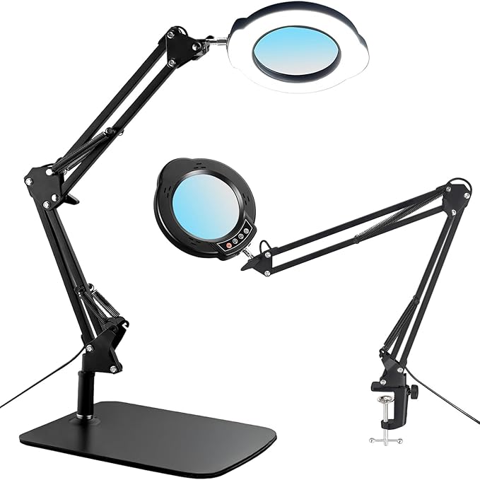 15X Magnifying Glass Desk Lamp with Clamp and Base, 5 Color Modes 10 Levels Adjustable Brightness, 15X Magnifying Glass, 4.2" Reading Magnifier for Seniors Book Newspaper Reading, Crafting, Seniors