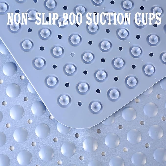 YINENN Bath and Shower Safety Mats 40x16 inch, Non Slip with Suction Cups for Bathroom Stall and Tub Floor, Extra Large and Machine Washable, Drain Holes Keep Bathtub Clean, Light Blue