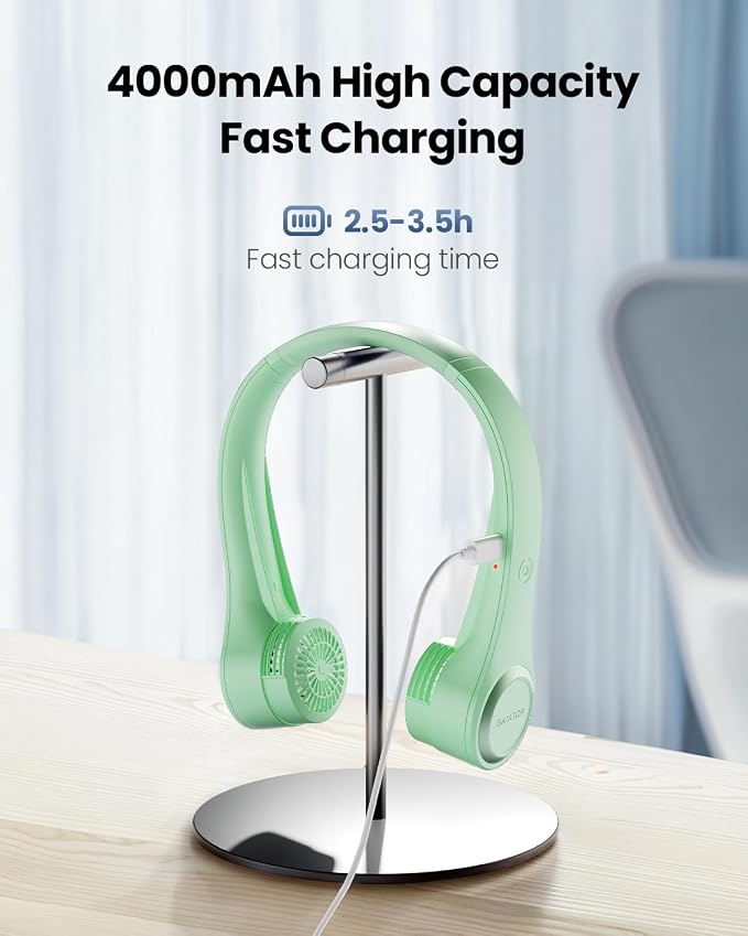 Gaiatop Portable Neck Fan, 4000mAh Rechargeable Hands Free Bladeless Mini Fans, 3 Speeds Air Outlet Can Rotate 70°, Free Adjustment Personal Wearable Cooling Fan Suitable for Travel Office Green
