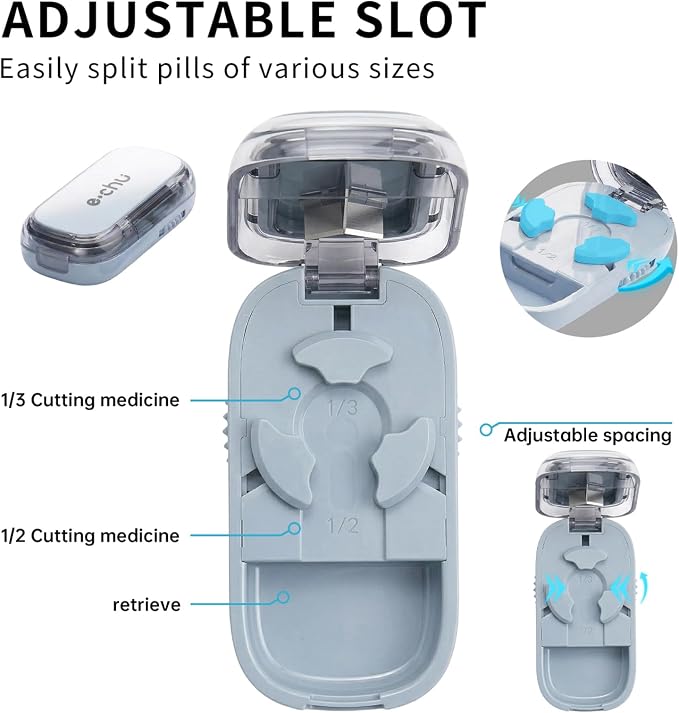 Pill Cutter Splitter for Small and Tiny Pills - Adjustable Pill Splitter with Centering Device for Cutting Multiple Pills, Accurate Alignment and Easy to Use, Storage Organizer (2Blue)