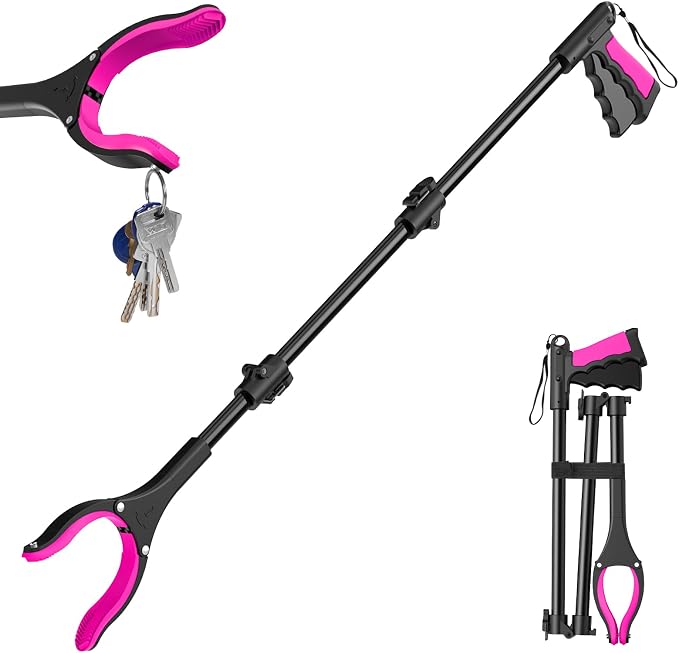 36" Grabber Reacher Tool, Foldable Reacher Grabber Pickup Tool with 360° Rotating Jaw & Two Magnets, Extra Long Trash Picker Upper Grabber, Lightweight Grabbers for Seniors, Pink | 360° Rotating Jaw, Magnetic Tip, Long Hand Grip Pickup Tool, Silicone N...