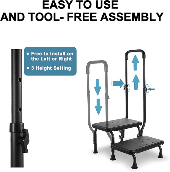 2 Step Stool with Handle for Elderly - Bed Steps for High Beds with Adjustable Handrail &Non-Slip Platform, Holds up to 450 lbs