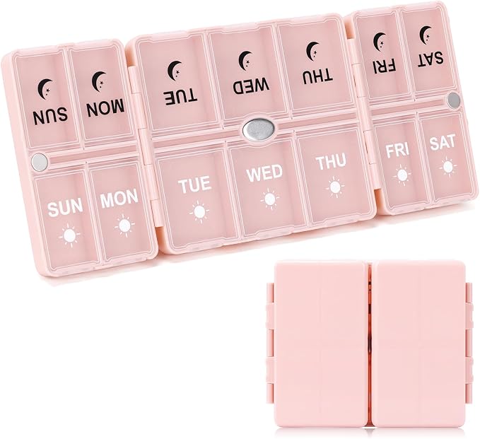 FYY Weekly Pill Organizer 2 Times a Day, Magnetic Travel Pill Box AM PM with Easy Open – 7-Day Daily Pill Case Medicine Organizer for Vitamins,Supplements - Pink