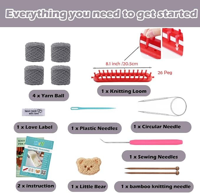 Novelchet Knitting Loom Kit for Scarf, Easy Knitting Set with Instructions | Learn to Knit kit Including Knitting Needles Set Plush Yarn