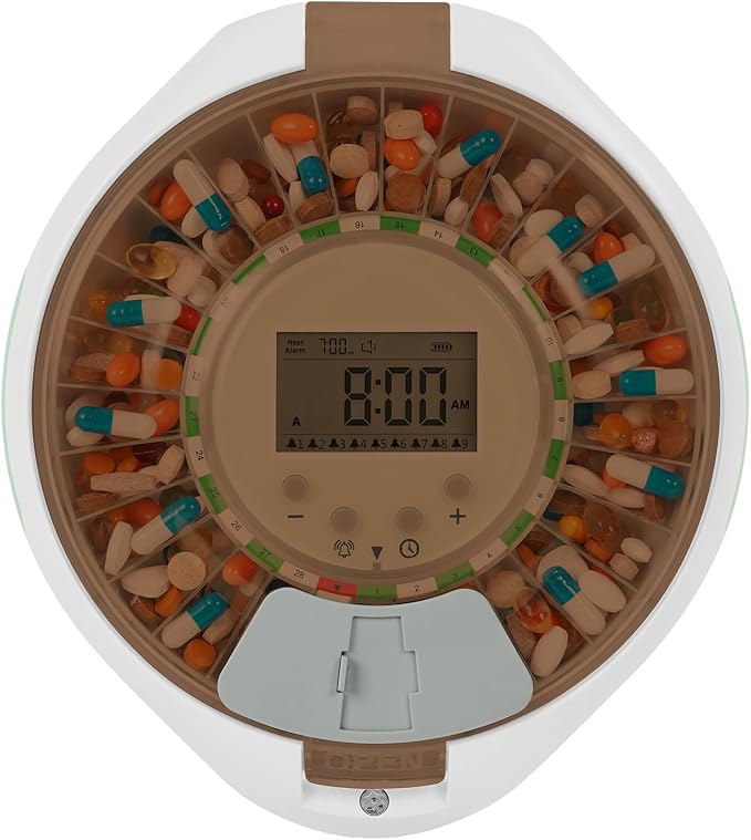 EziMedPil 28-Day Automatic Pill Dispenser with Top Lock Friendly for Senior | Ergonomic Lid Design for Easy Flipping, 9 Daily Alarms & Sound-Light Alert, Easy-Read LCD & Simple 4-Button Intuitive Setup