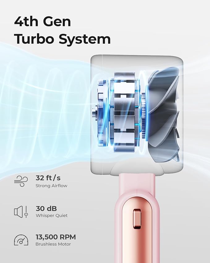 Portable Handheld Turbo Fan - 5 Gear High Speed 4000mAh Rechargeable Mini Personal Hand Fan Blow Cold Air, Battery Operated Travel Essentials, Beach Vacation, Gifts for Women, Men (Pink)