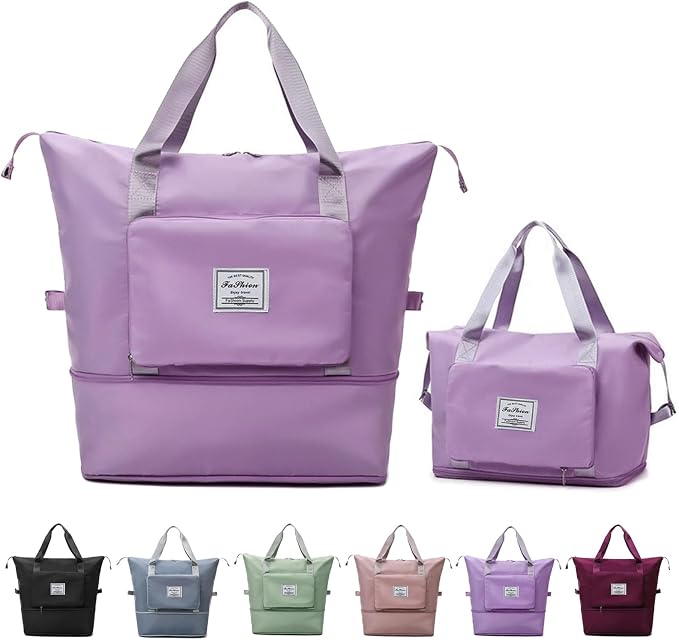 Large Capacity Folding Travel Bag, Lightweight Waterproof Luggage Bag, Expandable Travel Duffel Bag, Dry Wet Separated Gym Tote Bag, Weekender Overnight Bags for Women and Man (Light Purple)