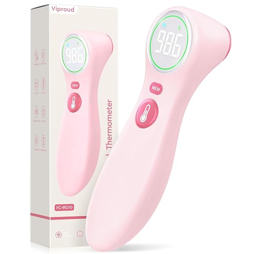 Viproud No-Touch Thermometer for Kids and Adults, 1-Second Reading, Pink | Forehead & Object Mode, Fever Indicator, Large Clear LED, Silent Mode, Home Medical, Nurse Accessories, Lifetime Support