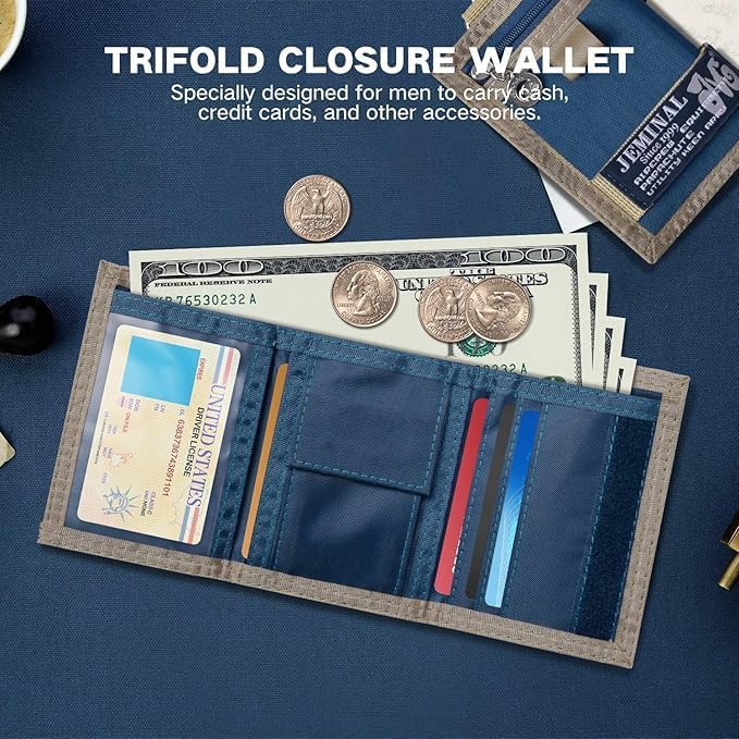 JEMINAL Trifold Canvas Wallet for Men Outdoor Sports Wallet with Keychain, Multiple Card Slots, ID Window, Lightweight Nylon Casual Wallet, Blue
