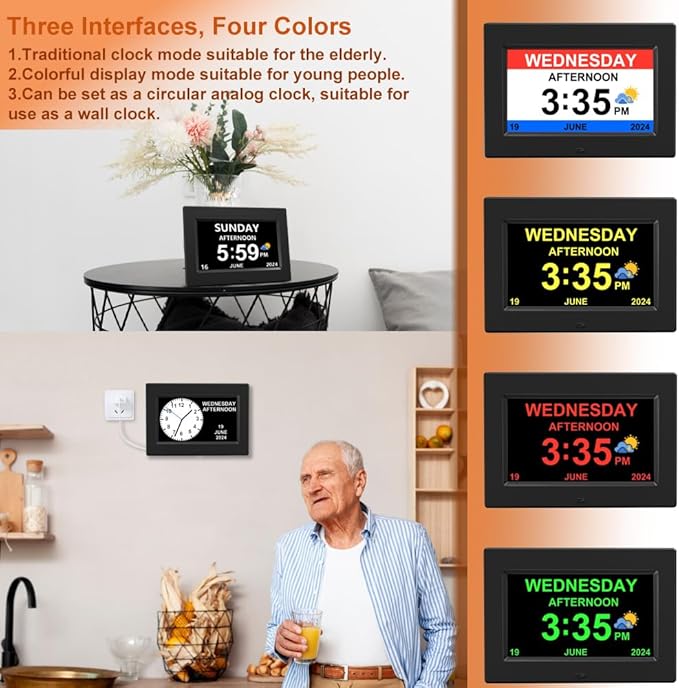 DST Digital Clock with Date and Day of Week for Elderly-12 Alarms Medication Reminder Dementia Alzheimers Clock Calendar with Extra Large Display (7 inch Black)