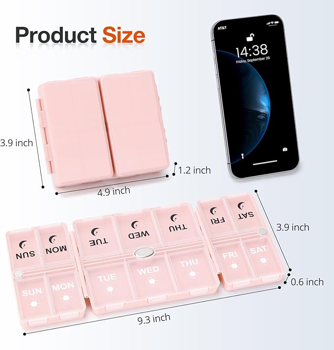 FYY Weekly Pill Organizer 2 Times a Day, Magnetic Travel Pill Box AM PM with Easy Open – 7-Day Daily Pill Case Medicine Organizer for Vitamins,Supplements - Pink