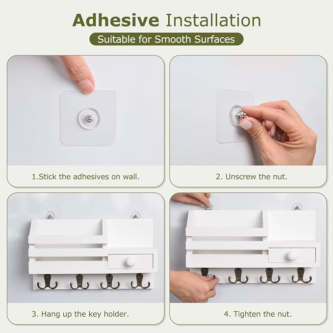 Key Holder Wall Mount, Wooden Key and Mail Organizer, White | 2 Mount Options, Includes 8 Hooks, Fence Mail Slot, Small Drawer and Shelf, for Entryway, Hallway, Doorway, Living Room, RV