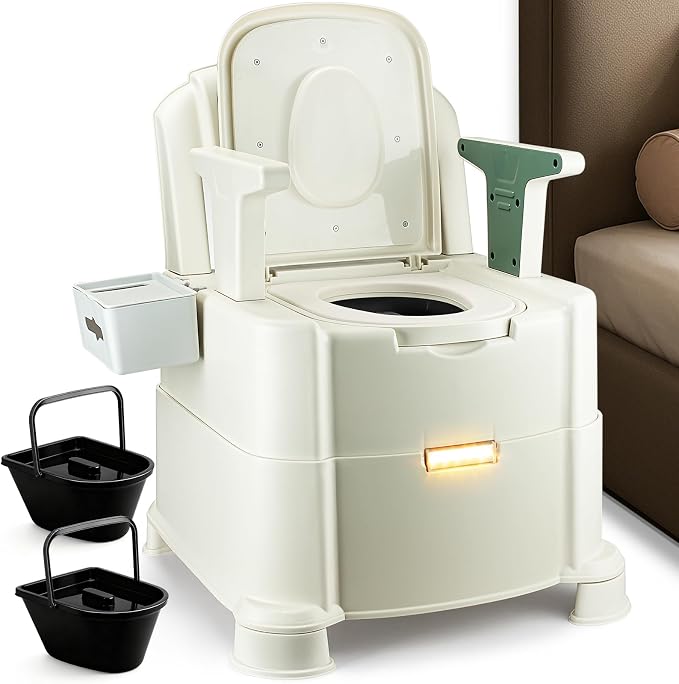 Bedside Commode, 500lbs Heavy Duty & Upgraded Commode Toilet Potty Chair, Portable Camping Toilet, Detachable Armrests, Automatic LED Light, 2-Level Height, 3 Rolls of Commode Liners 【Green】