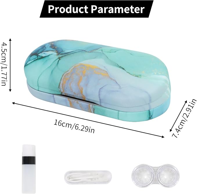 2 in 1 Contact Lens Case and Eyeglasses Case for Women Men Kids, Double Sided Hard Shell Portable Glasses Travel Holder with Built-in Mirror, Contact Lens Box (Green Marble)