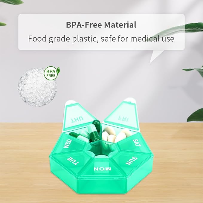 Green Daily Pill Organizer - 7 Day, 1 Time a Day, Travel Pill Box with 7 Compartments