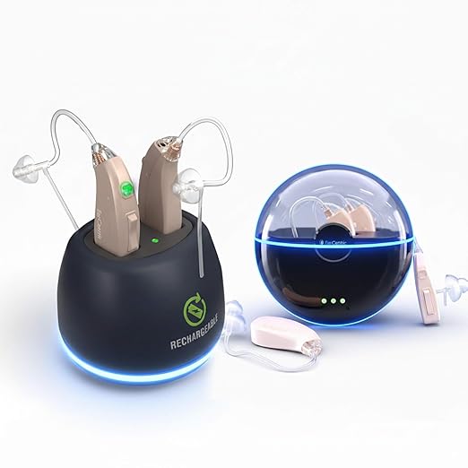 EarCentric EasyCharge Bundle Rechargeable Hearing Aids for Seniors – With Dual Charging System: Desktop Fast Charger + Portable Charger, Noise-Canceling, Easy Volume Control, Nearly Invisible