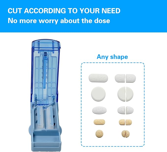 Multiple Pill Cutter for Small or Tiny Pills, Adjustable Pill Splitter for Large Pills Multi Tablets, Stainless Steel Cutting Blade and Blade Guard (Blue)