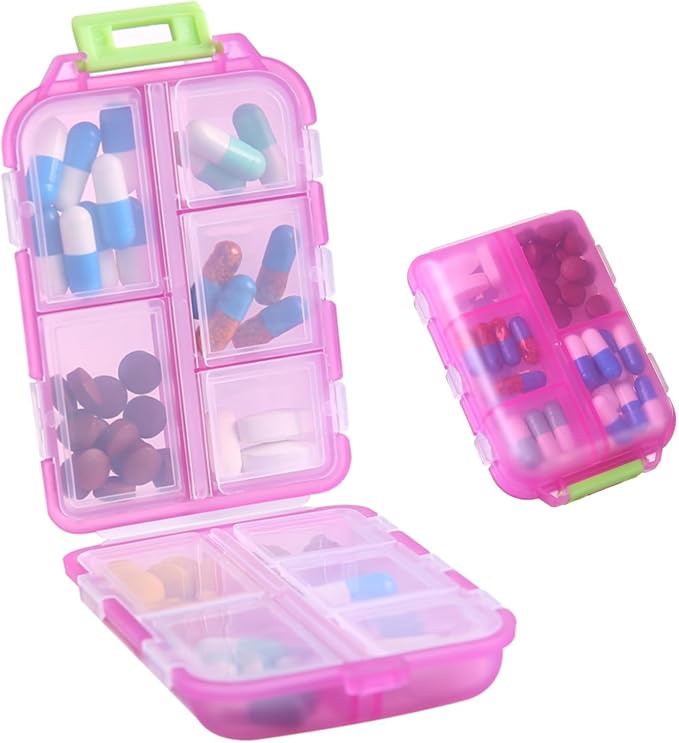 1Pack Travel Pill Organizer - 10 Compartments Pill Case, Compact and Portable Pill Box, Perfect for On-The-Go Storage, Pill Holder for Purse (Pink with 156 Stickers)