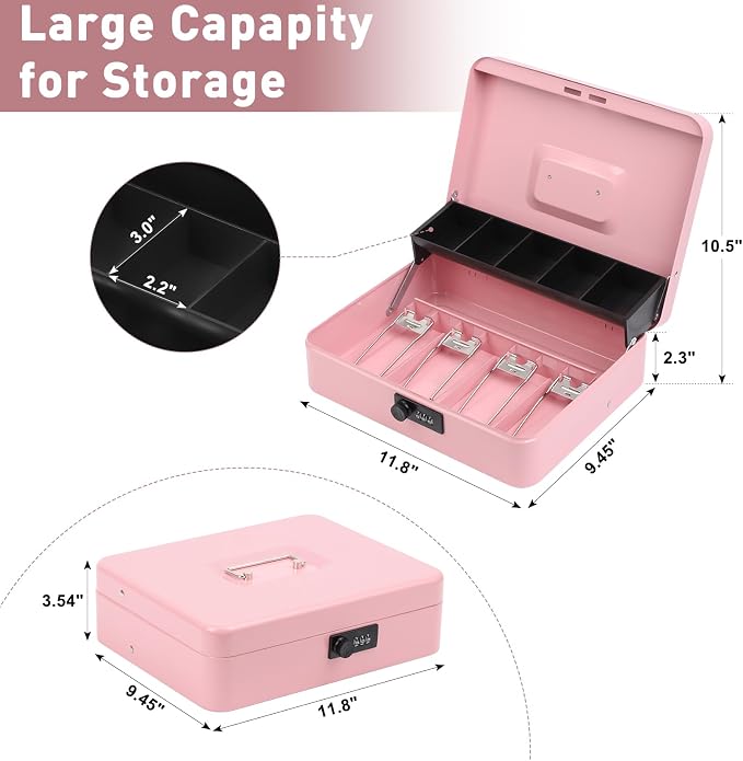 KYODOLED Large Cash Box with Combination Lock, Money Box with Cash Tray, Lock Safe Box with Key, Money Saving Organizer, 11.81Lx 9.45Wx 3.54H Inches, Pink XL Large