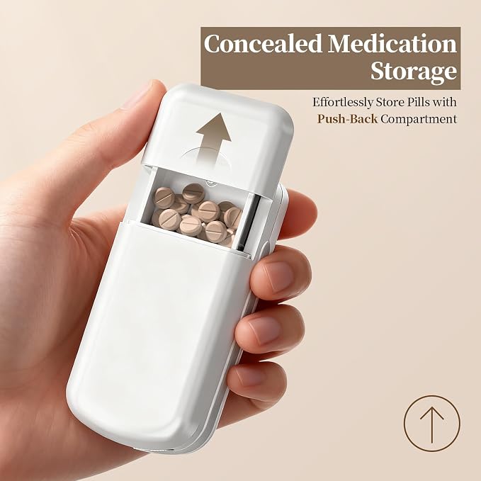 Daviky Pill Cutter Splitter for Small & Tiny Pills, Dual Safety Blades, Adjustable Centering Slot, Precise 1/2 1/3 1/4 Tablet Cutter, Built-in Storage, Portable & Senior-Friendly