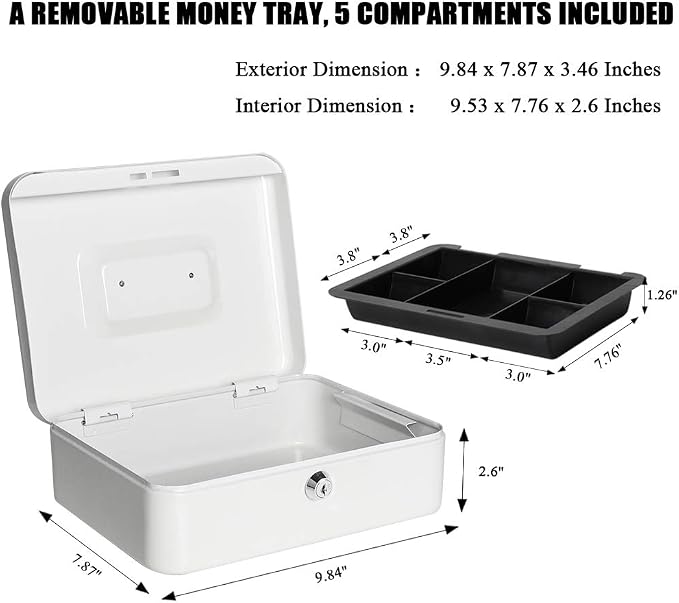 Jssmst Locking Large Metal Cash Box with Money Tray, Lock Box, White