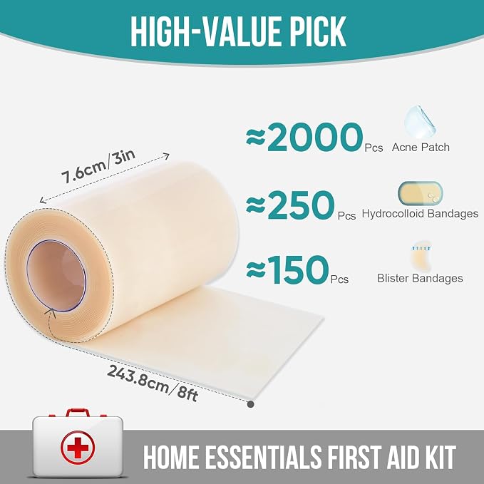 Hydrocolloid Roll for Wound Care, Hydrocolloid Patch Bandages with Self-Adhesive, Bed Sore Bandages, Highly Absorbent for Burn, Blister, Acne Care, Waterproof (3in x 8ft)