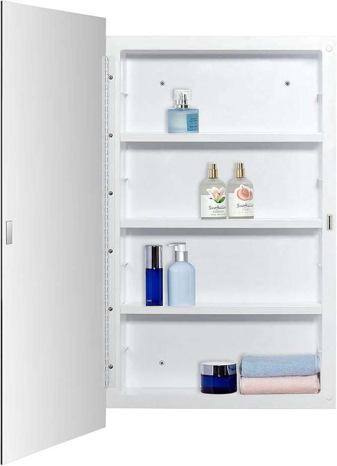 Plastic Medicine Mirror Cabinet for Bathroom 16 x 28 inch, Recessed and Surface Mount