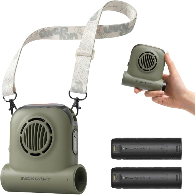 InoKraft Waist Fan for Hiking & Travel with 2 Swappable 4Ah Batteries | Rechargeable Fan for Hiking & Travel, Clip-On Waist Fan, Extended Runtime for Long Trips, 49 ft/s Turbo Airflow