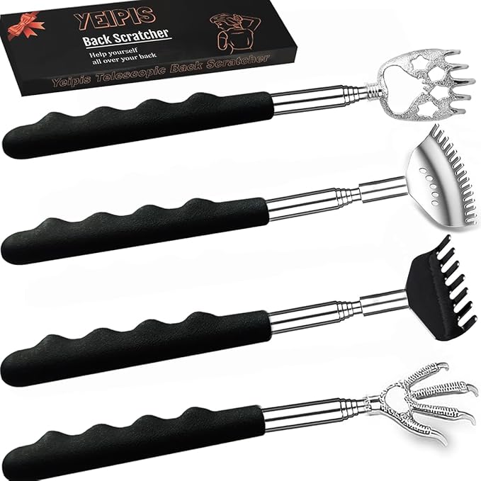 4Pcs Different Back Scratcher Extendable Back Massager Tool with Rubber Handles, Metal Portable Telescoping Back Scratcher, Stocking Stuffers for Men Women Christmas Gift (Black)