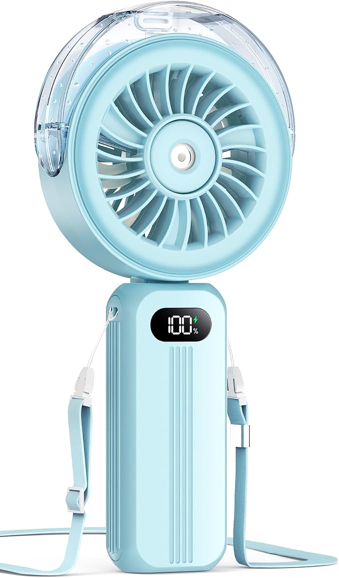Otlonpe Handheld Misting Fan Portable, Powerful 4 High Speeds Rechargeable Small Hand Held Fan Water Mist, 4000mAh Battery Operated, Foldable, Lanyard, Personal Cooling for Travel Men Wome