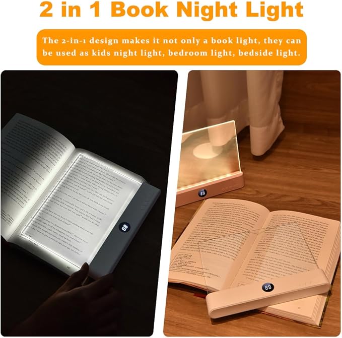 Book Light, Rechargeable Clear LED Flat Reading Light with 3 Colors & Timer, Dimmable Panel Plate Lamp Book Full Page Light for Reading in Bed at Night, Funny Gifts for Readers Kids Women Men (Black)