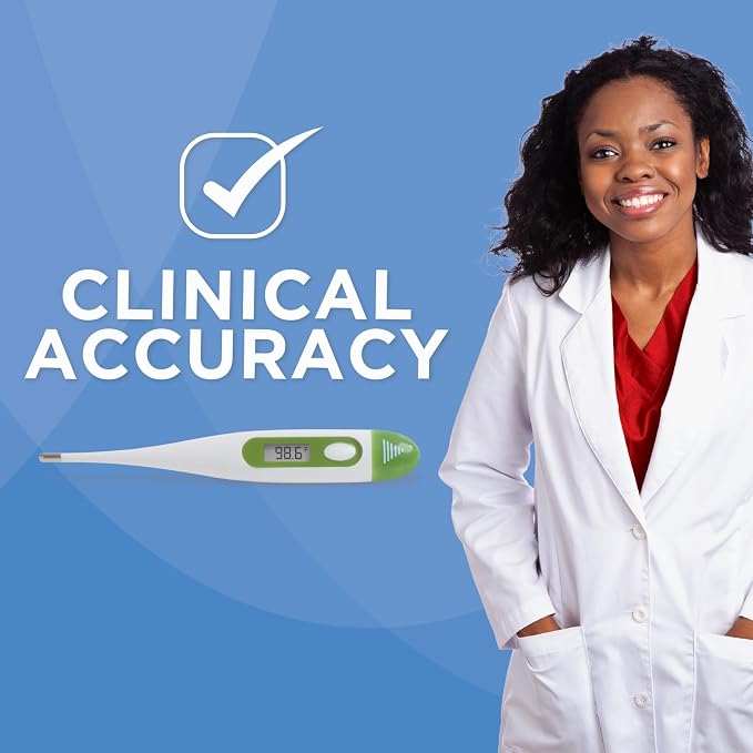 Veridian 60-Second Digital Thermometer with Fever Alert | Rigid Tip for Oral, Rectal & Underarm Use, Memory Recall, Water-Resistant, Storage Case & Probe Covers